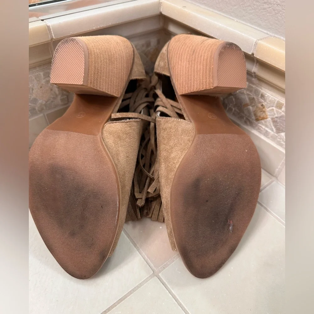 Mojo Moxy Tan Fringe Peep-Toe Booties - Picture 6 of 7